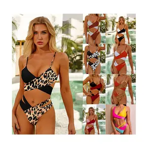 DS 2024 Fashion Contrast Color Leopard Print High Waist Triangle Bikini Set Wholesale Luxury 2 Piece Swimsuit Custom Swimwear