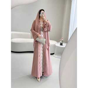 Abayas para Mujer, Conjunto Abierto con Ribete de Encaje, Manga Larga, Chifón Transpirable, Sin Forro, Ropa Modesta para Fiestas - Product Image 2