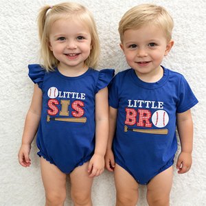 Conjunto de Verano Bordado Azul Rey para Hermanos, Pequeña Hermana y Pequeño Hermano, Venta al por Mayor - Product Image 1