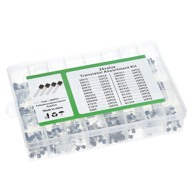 24Values TO-92 Transistor Assortment Assorted Kit Each BC327 BC337 BC517 BC547 BC548 BC549 2N2222 3906 3904 5401 5551 C945 1015