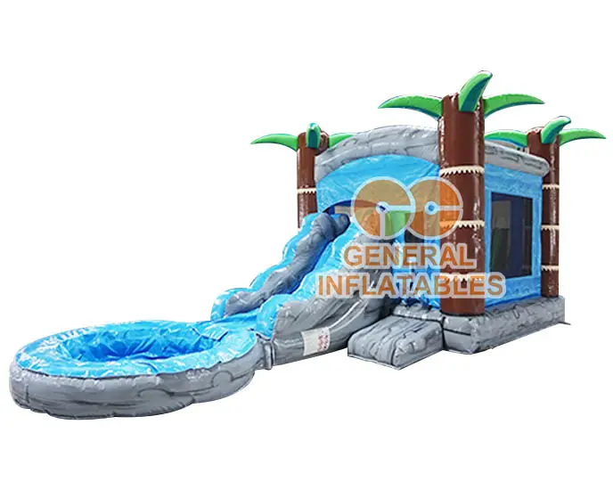 Hot Selling Inflatable Wet and Dry bounce house Cheap 0.55mm PVC combo water slide Palm Tree giochi mare for Sale