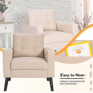 Sillón de Estilo Moderno de Mediados de Siglo con Respaldo Acolchado y Tapizado en Tela Beige con Botones, Ideal para Dormitorios, Áreas de Lectura y Salas de Estar - Product Image 6
