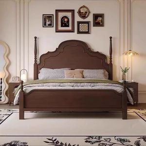 Lit double rétro américain en bois massif 1,5m 1,8m, lit avec ciel de lit sculpté à la main, style français vintage, pour chambre principale - Product Image 3