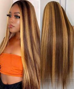 Cency P4/27 Blond Miel Mèches Blanches Lisses Perruque Lace Front Transparente HD Longue Cheveux Humains Vierges 12A pour Lace - Product Image 4