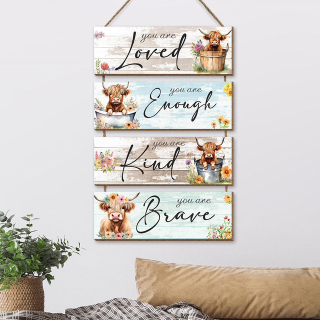 Highland Cow Wood Wall Sign 4 Piece Inspirational Quote Hanging Plaque Farmhouse Rustic Home Decor Gift Wholesale Bulk