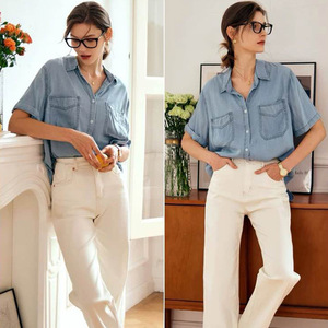 Camisa de Mezclilla de Algodón para Mujer, <span class=keywords><strong>Manga</strong></span> <span class=keywords><strong>Corta</strong></span>, Diseño Verano 2026, Camisa Azul Chic - Product Image 3