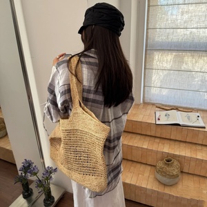 Borsa da spiaggia in paglia intrecciata a mano estiva a spalla singola con rete in maglia borsa da donna ecologica e alla moda per le vacanze - Product Image 5