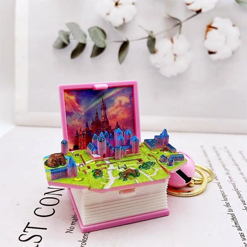 Kids Toy Keychain Pop Up Foldable 3D Dinosaur World magic Book mini castles keychains
