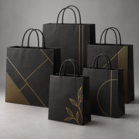 Sac en papier kraft noir ECO avec poignée en corde torsadée dorée pour emballage cadeau, vente en gros, logo personnalisé