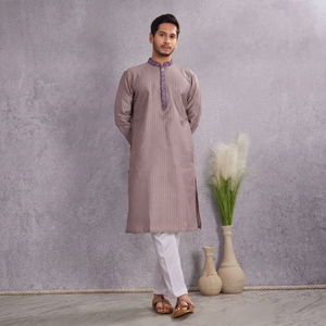 <b>Men's</b> Cotton <b>Kurta</b> Regular Fit Ankle-Length Traditional Casual Wear India Pakistan Style Purple Patterned <b>Kurta</b> for Adults - Product Image 1
