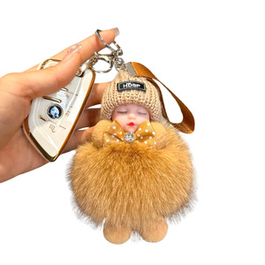 Real Fox Fur Doll Plush Toy Bottle Opener Keychain Backpack Charm Cartoon UV Printed Soft 3D Shape Figure Design Eyes Smiling - Product Image 3