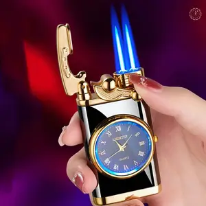 宝石创意摇臂充气打火机双喷射火焰防风打火机带电动手表