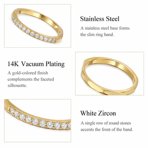 Slim Zircon <b>Ring</b> Stainless Steel with 14K Vacuum Plating White Stones and Faceted Band 0.2 cm <b>Thickness</b> Jewelry - Product Image 3
