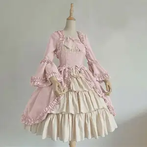 2024 Vintage Lolita Dress Women Sweet Princess Square Collar Lace Bowknot High Waist Long Victorian Gothic Dress Girl