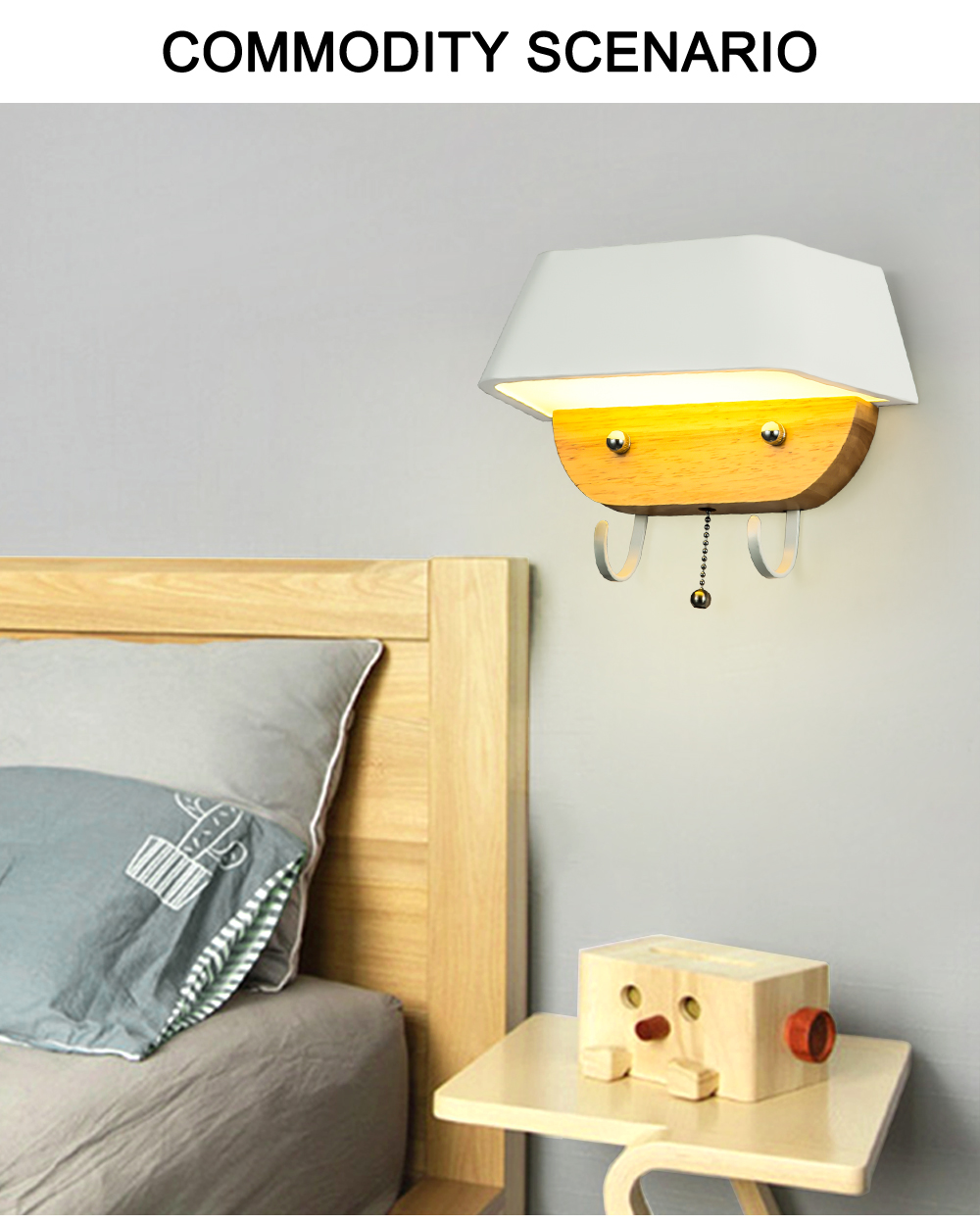 Creative Simple Modern LED Personality Design Wrought Iron Wood Wall Lamp With Hook For Bedroom