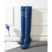 Bottes à talons hauts au-dessus du genou en jean bleu, personnalisables, à bout ouvert, style mode, support OEM/ODM