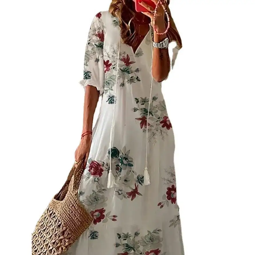 Женское Летнее Длинное платье с коротким рукавом и цветочным принтом
