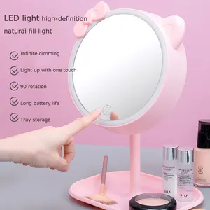Розовое зеркало для макияжа в виде кошки со светодиодной подсветкой, стоячее зеркало для туалетного столика с сенсорным экраном, регулируемая подсветка для стола, косметика