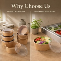 Bol en papier kraft biodégradable, jetable, rond, pour salade, à emporter, personnalisé, imprimé, avec couvercle en PET