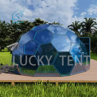 Ford bleu verre dôme hôtel tente hexagonale verre trempé maison Igloo géodésique cadre en aluminium extérieur luxe Resort rond Camping