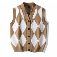 Gilet cardigan tricoté personnalisé pour homme, col en V, 12GG, anti-rétrécissement, jacquard, motif losanges, patchwork, boutonné, sans manches, pull d'hiver