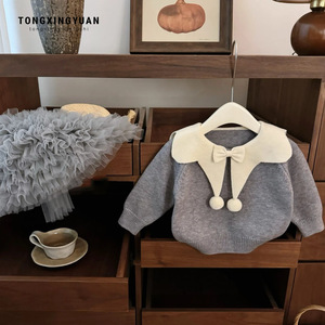 Tongxingyuan Girls Gray Sweater Princess Collar Thickening Soft With Bowknot For Kids - Product Image 1