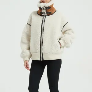 European Style Comfortable Ladies Casual Clothing In Winter Turn-Down Collar Faux Fur Fabric Motor Jacket