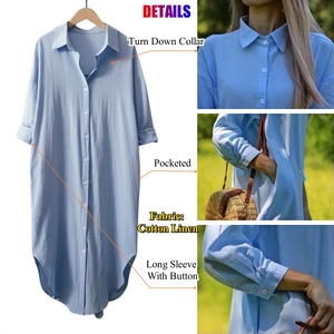 İlkbahar yaz kadın Casual bluzlar pamuk keten uzun kollu cebe ceket Slim Fit Lady tek göğüslü uzun gömlek elbise - Product Image 5