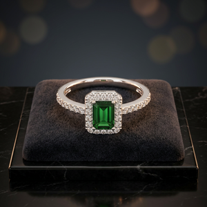 Bague de fiançailles de luxe en or 10K, 14K, 18K et argent sterling 925, 935 avec pierre précieuse verte taille émeraude et pierres latérales rondes - Product Image 1