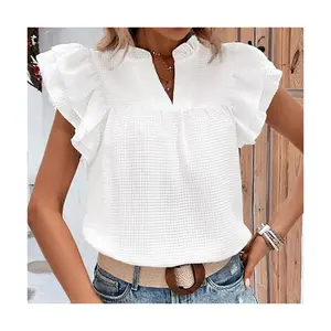 2024 novo estilo de verão top branco de secagem rápida com babados de gola V camisas de poliéster de manga curta para mulheres