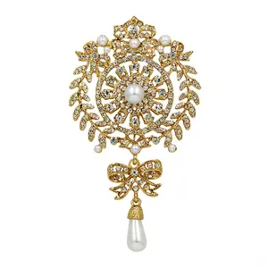 Large Crystal Rhinestones Pave and Simulated Pearls Drop Brooches for Wedding Bouquets or Women's Costume Jewelry