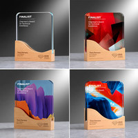 Plaque de récompense personnalisable en cristal avec base en bois ondulée, vente en gros d'usine, pour gravure laser, événements d'entreprise