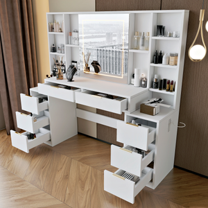 Modern Solid Oak Wood Makeup Vanity <b>Desk</b> with Mirror Lights 59" <b>Large</b> Table 8 Drawers Open Storage Shelves Adjustable Brightness - Product Image 5