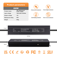 Transformateur basse tension étanche IP67 200W 12V 24V DC pour toutes les lumières LED 24V DC