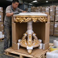 Table basse de luxe pour salon, table ronde en bois sculpté à la main doré de style européen avec plateau en marbre, table à thé, mobilier de maison, vente en gros