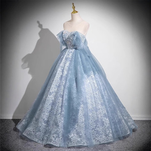 Haze Blue Embroidered Organza Ball Gown Sweetheart Neckline Empire Waist Formal Dress For Prom Princess Style Tutu Skirt - Product Image 3