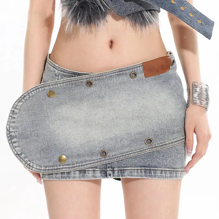 Retro Washed Denim Low Waist Skirt Sexy Club Women Front Large Belt Paneled Zip Up Washed Wrap Mini Skirt