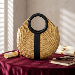 Straw Woven Embroidery Tote <b>Bag</b> with Black Handle Bohemian Style Open Top All Season Summer <b>Beach</b> <b>Bag</b> <b>for</b> Women - Product Image 2