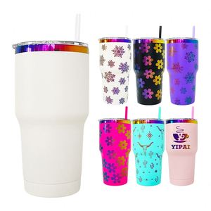 แก้วน้ำเคลือบสีรุ้งขนาด 30 ออนซ์ พร้อมหลอดสีสันสดใส สลักลายด้วยเลเซอร์ สำหรับเดินทางและใช้เป็นแก้วกาแฟ - Product Image 3