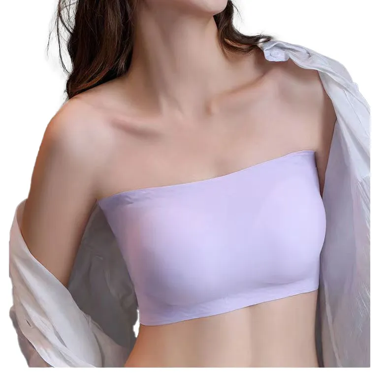 Vente en gros de sous-vêtements sans bretelles antidérapants pour femmes froncés été glace soie soutien-gorge sans cicatrice section mince invisible un mot blouse