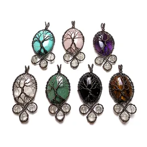 Gem Stone Jewelry Large Wire Wrapped Tree Of Life Gemstone Pendant Natural Oval Cab Green Aventurine Pendants For Jewelry Making