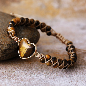 Heart-Shaped Tiger Eye Beaded Braided <b>Bracelet</b> <b>Adjustable</b> For Gift Jewelry - Product Image 1