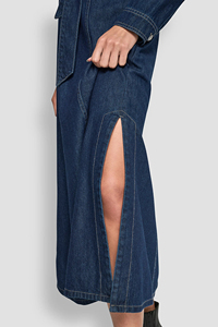 Vestido Maxi de Mezclilla Sólido con Corte en A, Mangas Largas, Cuello Alto, Aberturas Laterales, Forro de Algodón, Estilo Casual para Uso Diario, Primavera y Otoño, Tipo Halter - Product Image 6