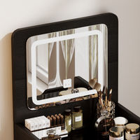 Table de maquillage moderne et multifonctionnelle à lumière LED Armoire de rangement Petite table de toilette rabattable pour chambre à coucher Miroir de cosmétiques Conception en bois
