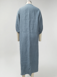 <span class=keywords><strong>Vestido</strong></span> de lino con cuello en V elegante holgado de lino 100%, <span class=keywords><strong>vestido</strong></span> <span class=keywords><strong>Midi</strong></span> de <span class=keywords><strong>manga</strong></span> <span class=keywords><strong>media</strong></span> bohemio azul pizarra para mujer - Product Image 4