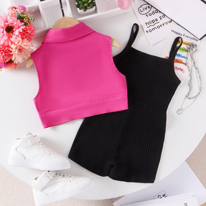 Nuova <span class=keywords><strong>Tuta</strong></span> Estiva per Bambine in Stile Europeo e Americano, Monocolore con Gilet Senza Maniche e Cintura Traspirante - Product Image 3