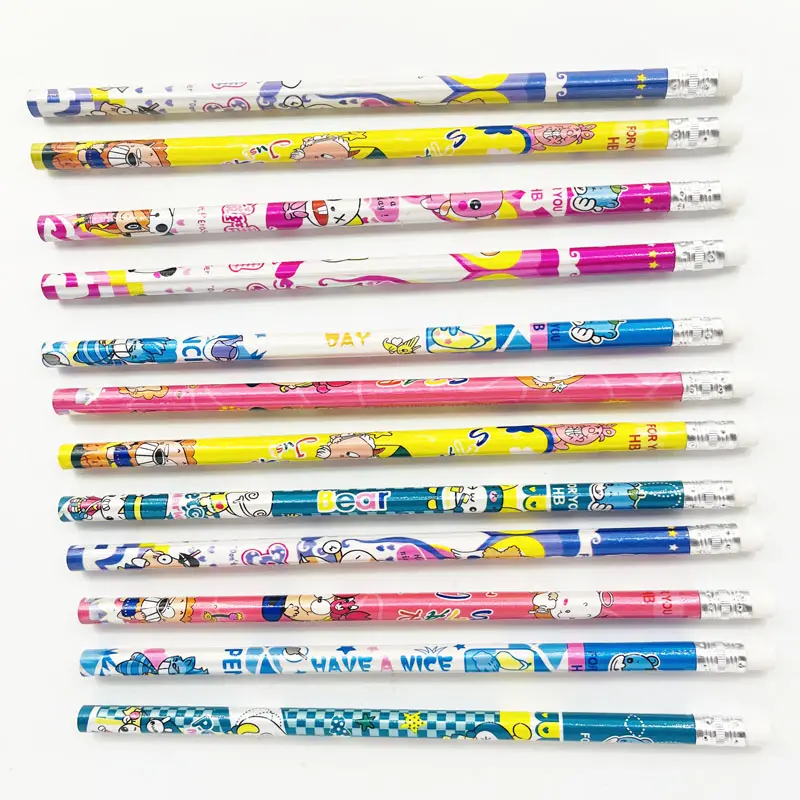 Yeni 12 adet HB yuvarlak ahşap fantezi kalem silgi ile öğrenci çocuklar için çizim yazma için okul kırtasiye yazma malzemeleri