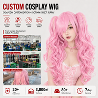 Perruque synthétique cosplay rose avec mèches, longue, ondulée naturelle, double queue de cheval, frange oblique, résistante à la chaleur, style anime, vente en gros usine