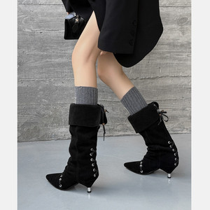 Zapatos de Tacón Medio Grueso, Hechos a Mano, Simples, de Punta Cuadrada, Color Sólido, Elegantes, Largos, Retro, Casuales, Antideslizantes e Impermeables - Product Image 5