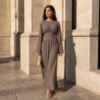 Robe longue élégante pour femmes, Abaya de Dubaï, couleur unie, manches longues, col rond, vêtements musulmans modestes avec lacets, robe de fête pour l'Aïd